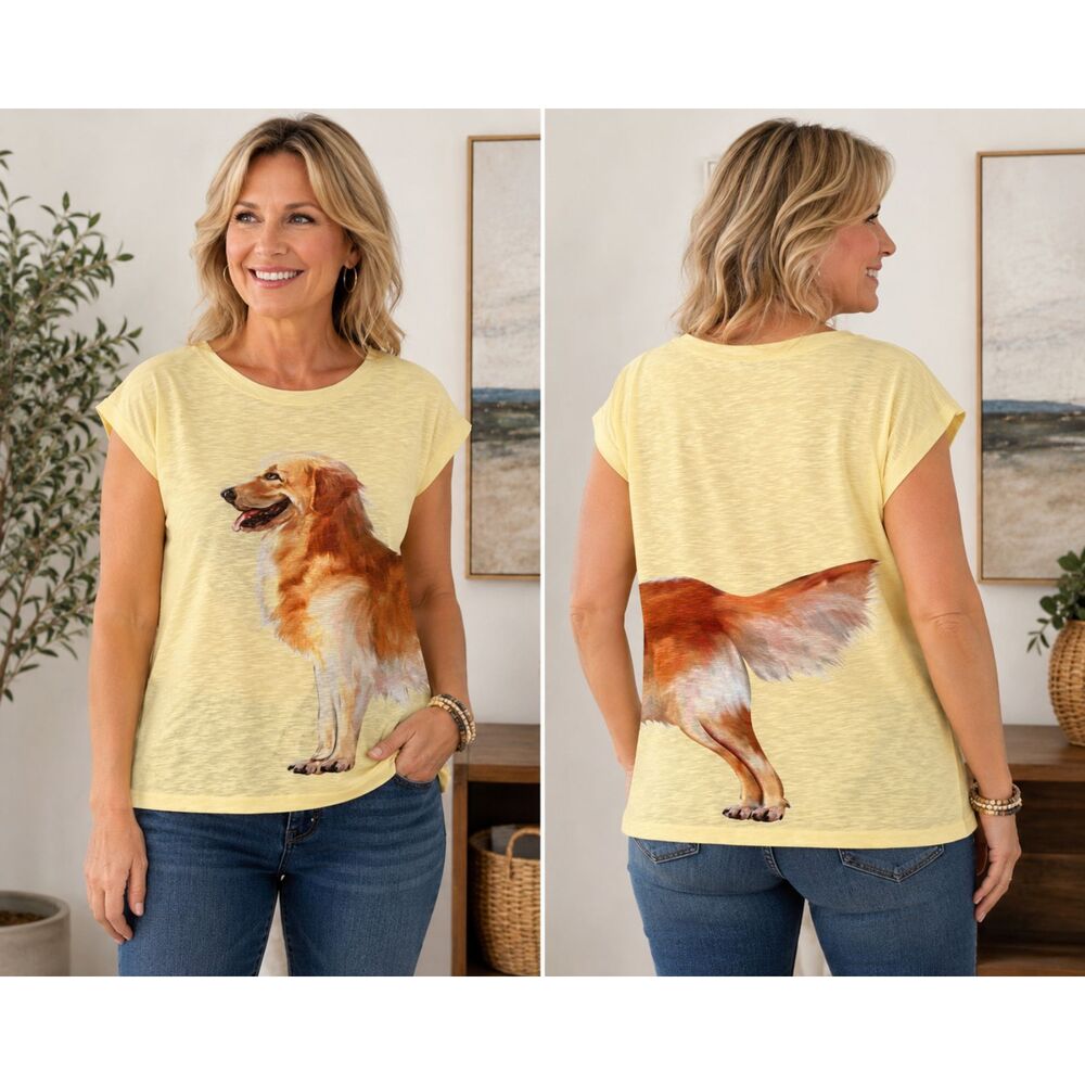 New Label M Yellow Golden Retriever Wrap Around Graphic Slub Knit Tee Shirt #3